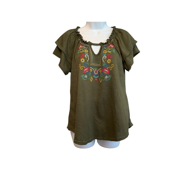 New York Laundry Womens Floral Embroidered Keyhole Flutter Peasant Blouse Size S - Picture 12 of 12